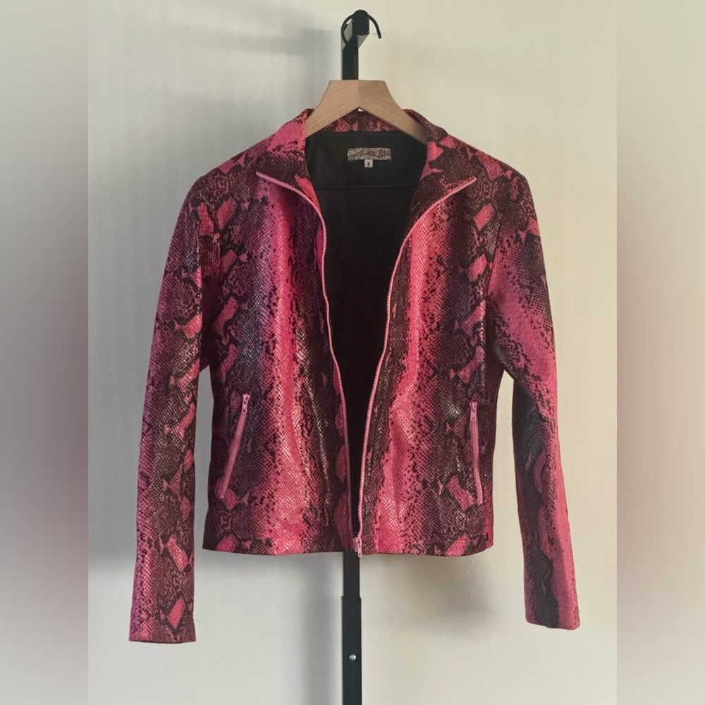 Vintage Y2K Set Pink Faux Snakeskin Flares Jacket - Picture 2 of 8